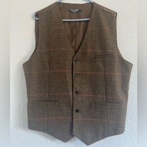 Paul Jones Brown Herringbone Windowpane Wool Vest